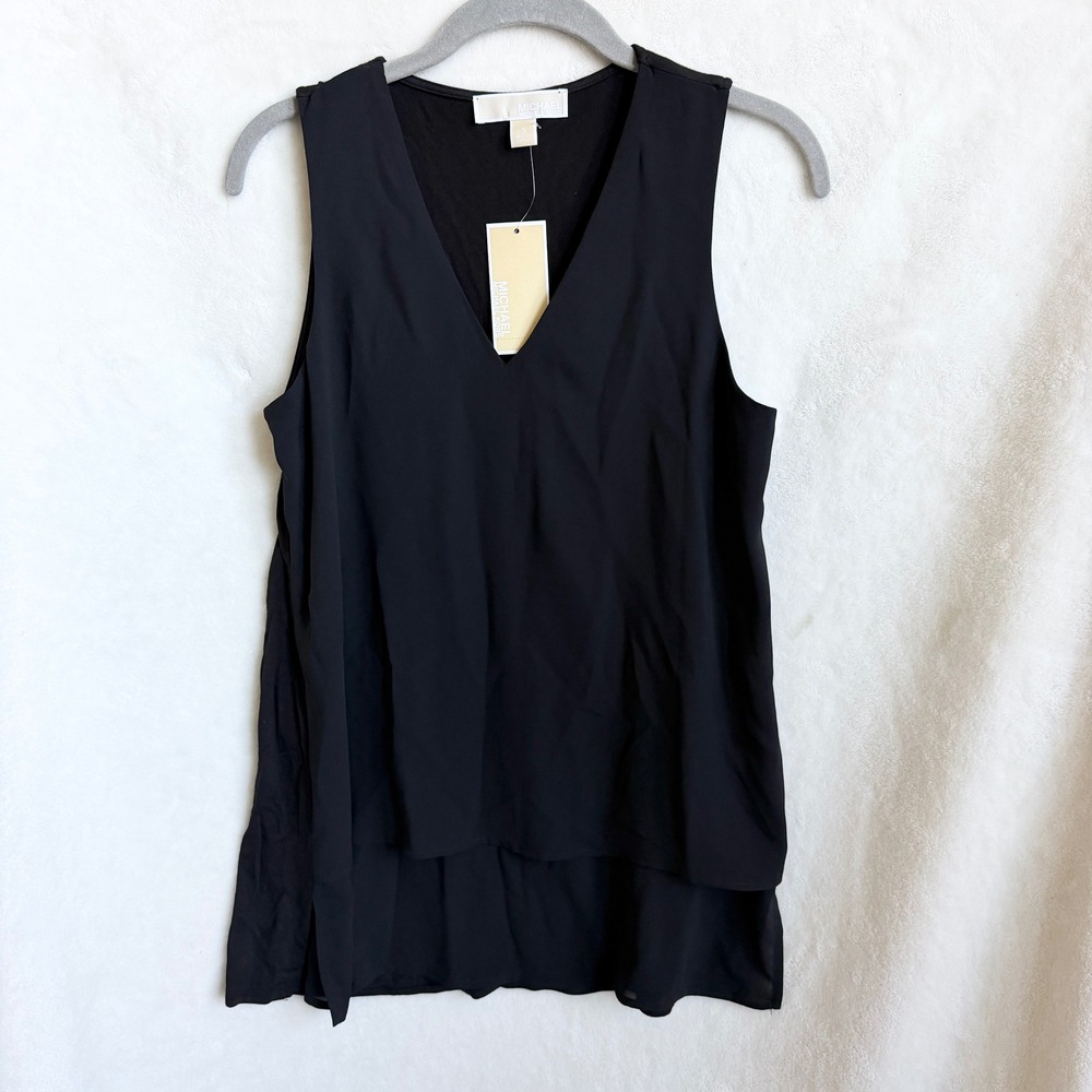 MICHAEL Michael Kors Womens Black Mixed Media V Neck Top Chiffon Front Size S